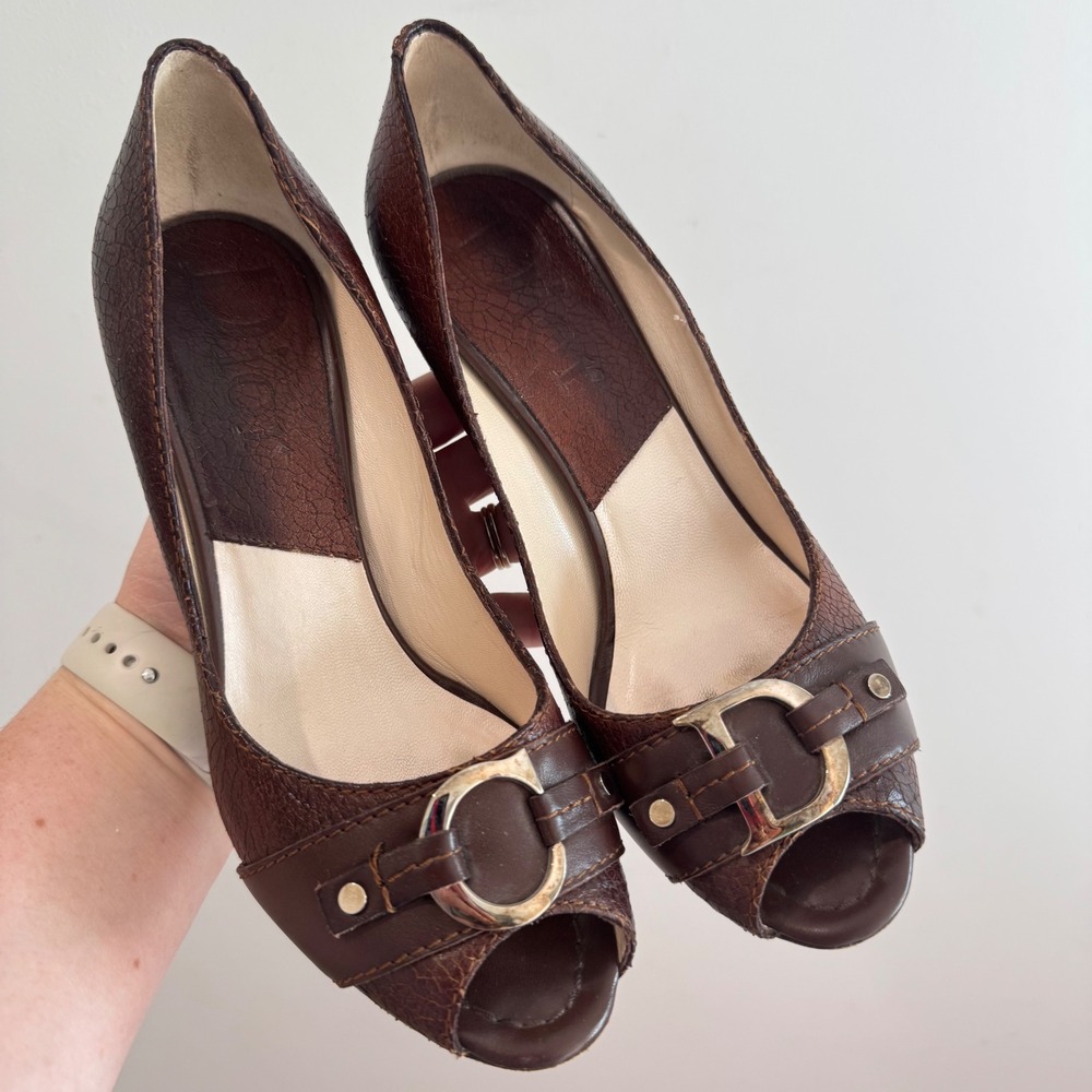 Christian Dior Vintage Y2K Brown Leather CD Logo Buckle Peep Toe Pumps 37.5